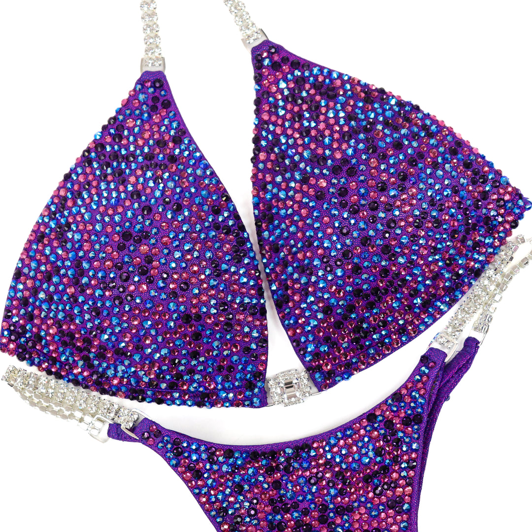 QS ST: Lauren's Pristine Purple Radiance. Medium Molded/Pro. – crystal competition bikini for NPC Bikini and Wellness