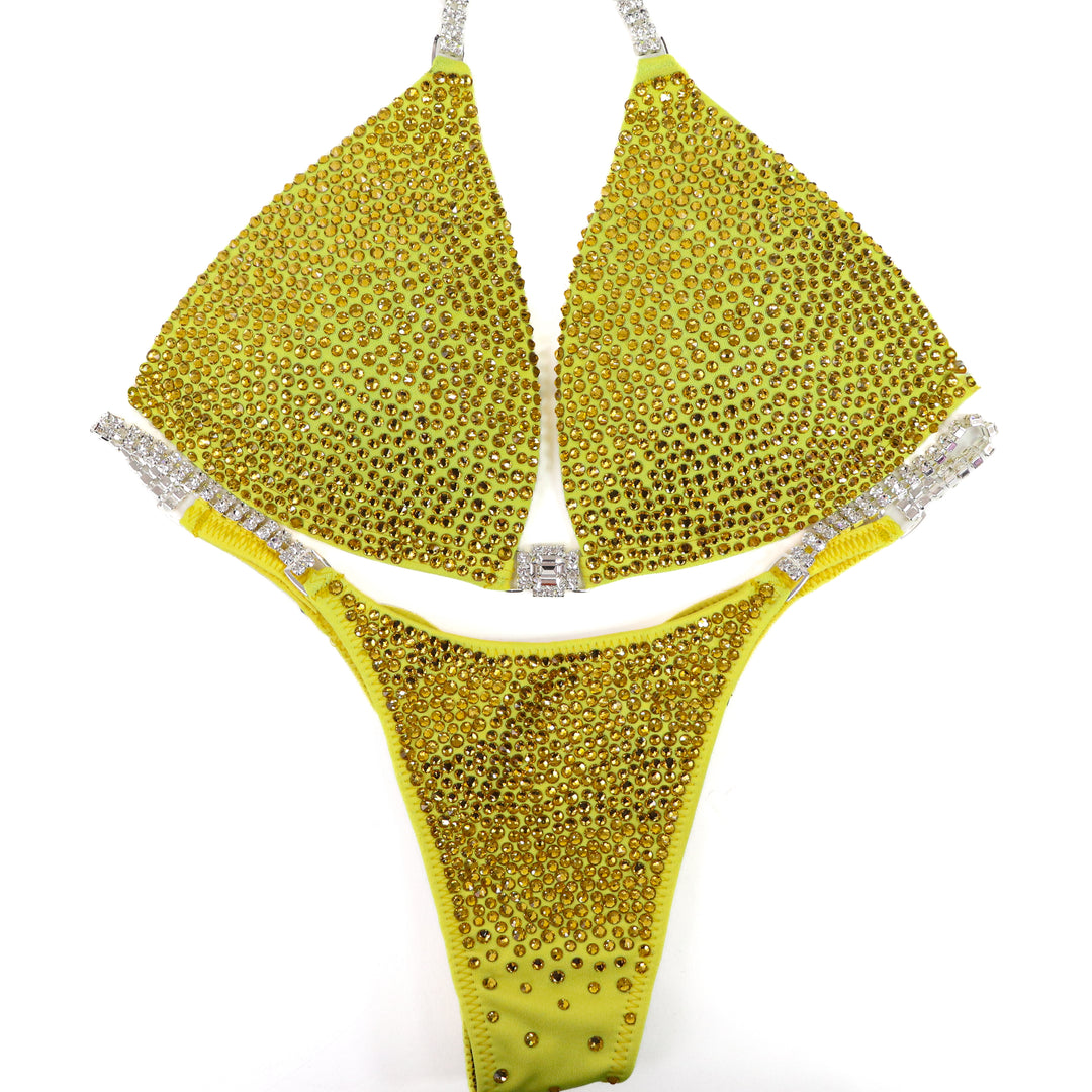 QS ST: True Yellow Radiance. Hologram Yellow. Medium Molded/Pro.  Angel Competition BikinisThe best NPC Competition Suits for the Bikini Division, Fit Model Division Suits, and bodybuilding suits.