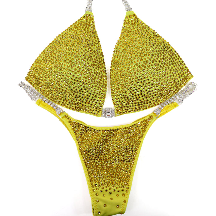 QS ST: True Yellow Radiance. Hologram Yellow. Medium Molded/Pro.  Angel Competition BikinisThe best NPC Competition Suits for the Bikini Division, Fit Model Division Suits, and bodybuilding suits.
