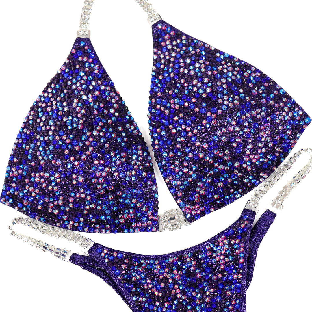 Brenda's Purple Shimmer Radiance – crystal competition bikini for NPC Bikini and Wellness