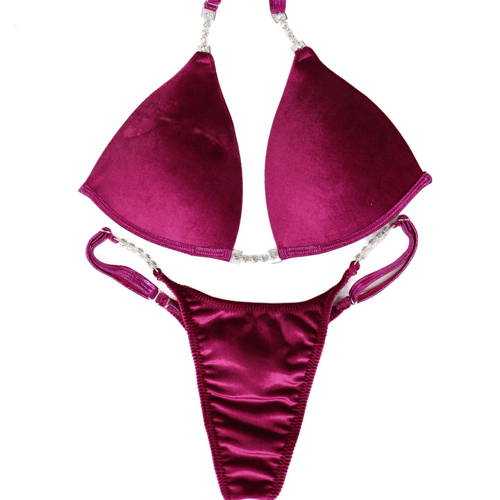 QS ST: Velvet Magenta Posing Practice Suit. Medium Molded/Pro with Modest Rise.  Angel Competition BikinisThe best NPC Competition Suits for the Bikini Division, Fit Model Division Suits, and bodybuilding suits.
