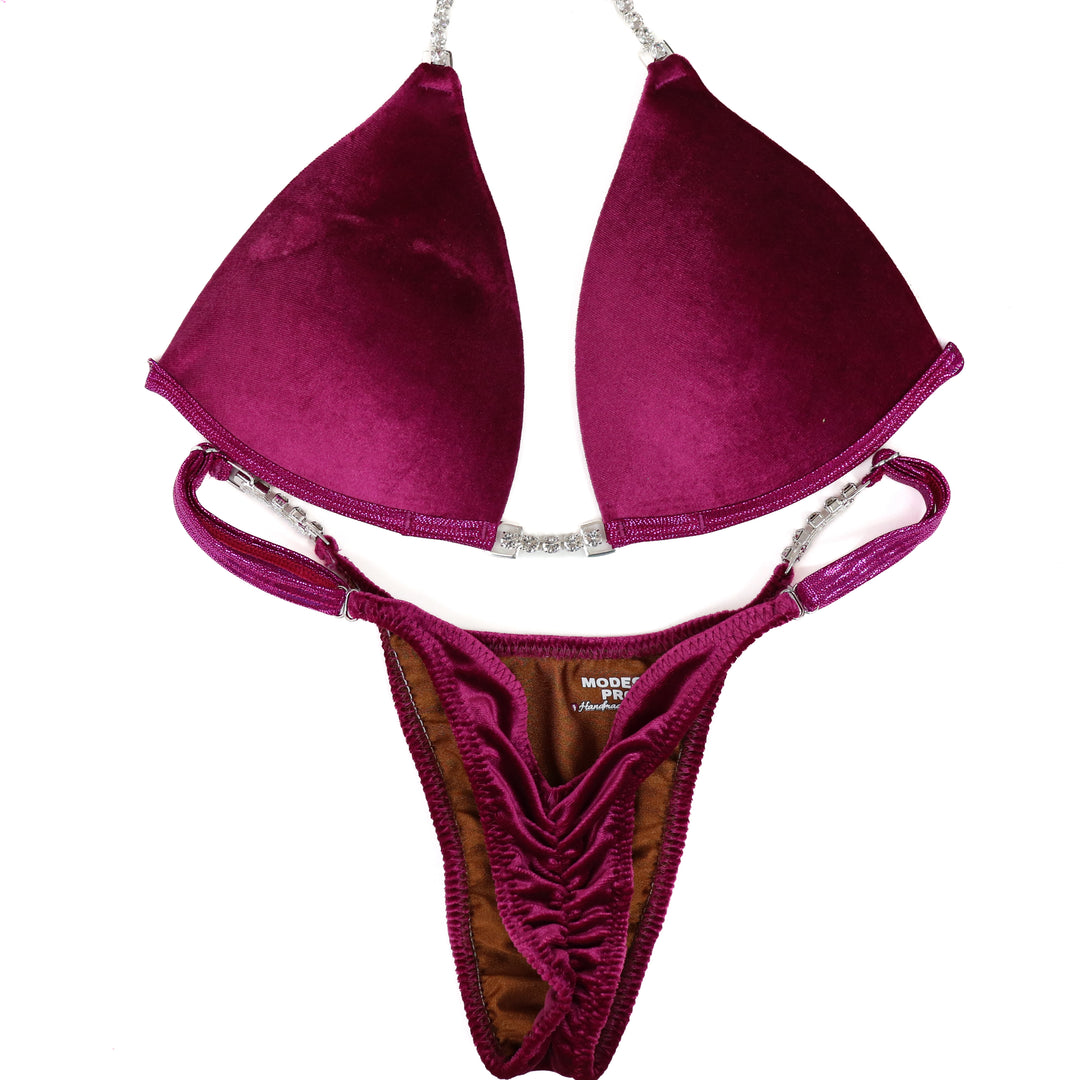 QS ST: Velvet Magenta Posing Practice Suit. Medium Molded/Pro with Modest Rise.  Angel Competition BikinisThe best NPC Competition Suits for the Bikini Division, Fit Model Division Suits, and bodybuilding suits.