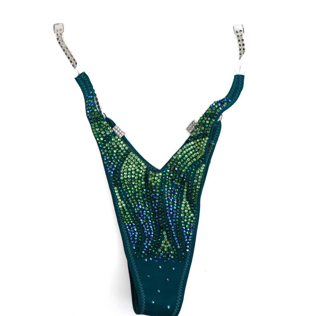 QS SZ: Crystal Inferno. Matte Teal. Standard Figure.  Angel Competition BikinisThe best NPC Competition Suits for the Bikini Division, Fit Model Division Suits, and bodybuilding suits.