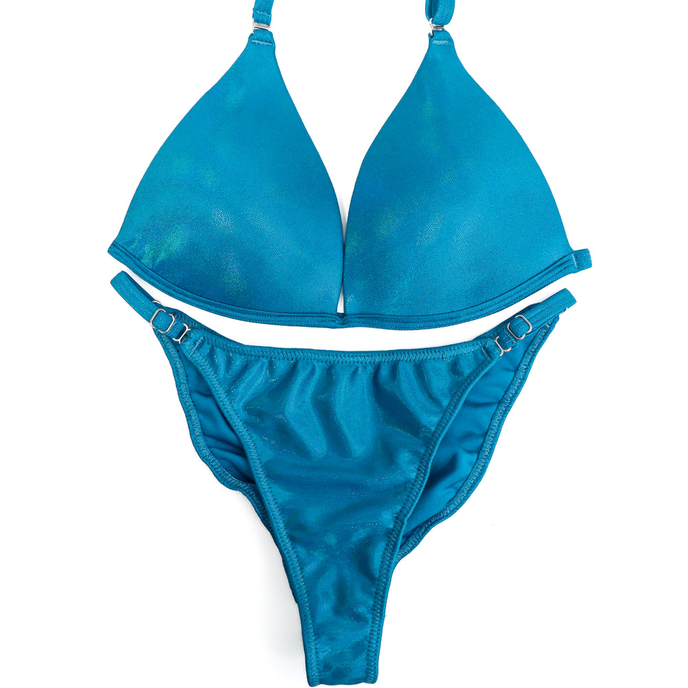 QS CL: Hologram Turquoise Fit Model Suit. Medium Molded/Fit Model 1 with Custom Rise.  Angel Competition BikinisThe best NPC Competition Suits for the Bikini Division, Fit Model Division Suits, and bodybuilding suits.