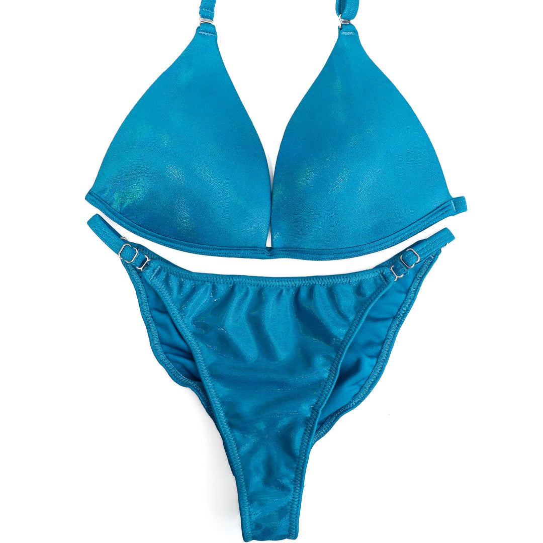 QS CL: Hologram Turquoise Fit Model Suit. Medium Molded/Fit Model 1 with Custom Rise.  Angel Competition BikinisThe best NPC Competition Suits for the Bikini Division, Fit Model Division Suits, and bodybuilding suits.