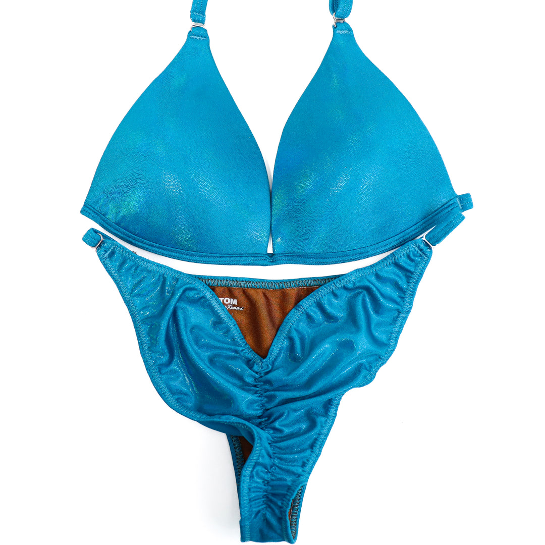 QS CL: Hologram Turquoise Fit Model Suit. Medium Molded/Fit Model 1 with Custom Rise.  Angel Competition BikinisThe best NPC Competition Suits for the Bikini Division, Fit Model Division Suits, and bodybuilding suits.