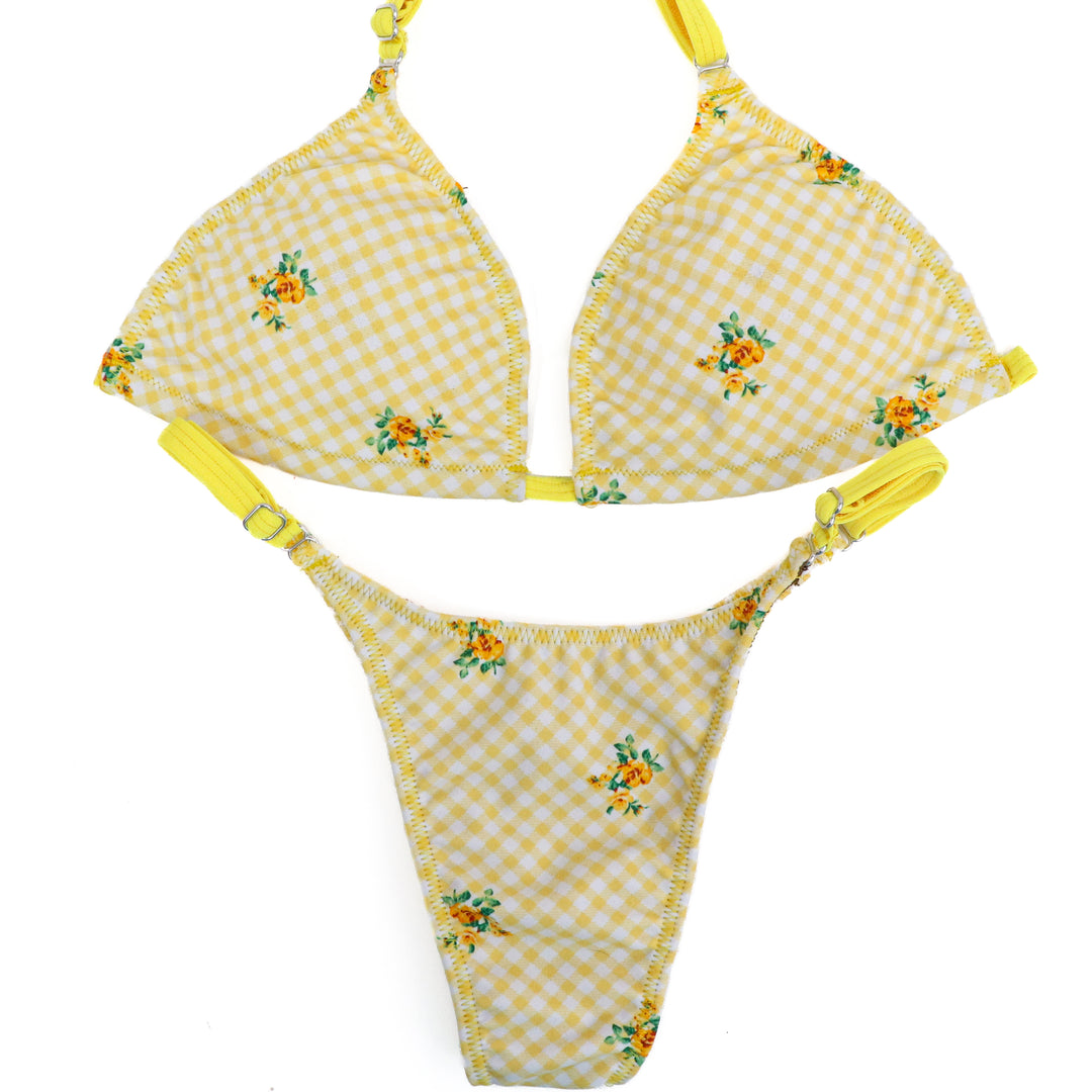 QS ST: Summer Yellow Posing Practice Suit. Medium/Pro with Modest Rise.  Angel Competition BikinisThe best NPC Competition Suits for the Bikini Division, Fit Model Division Suits, and bodybuilding suits.