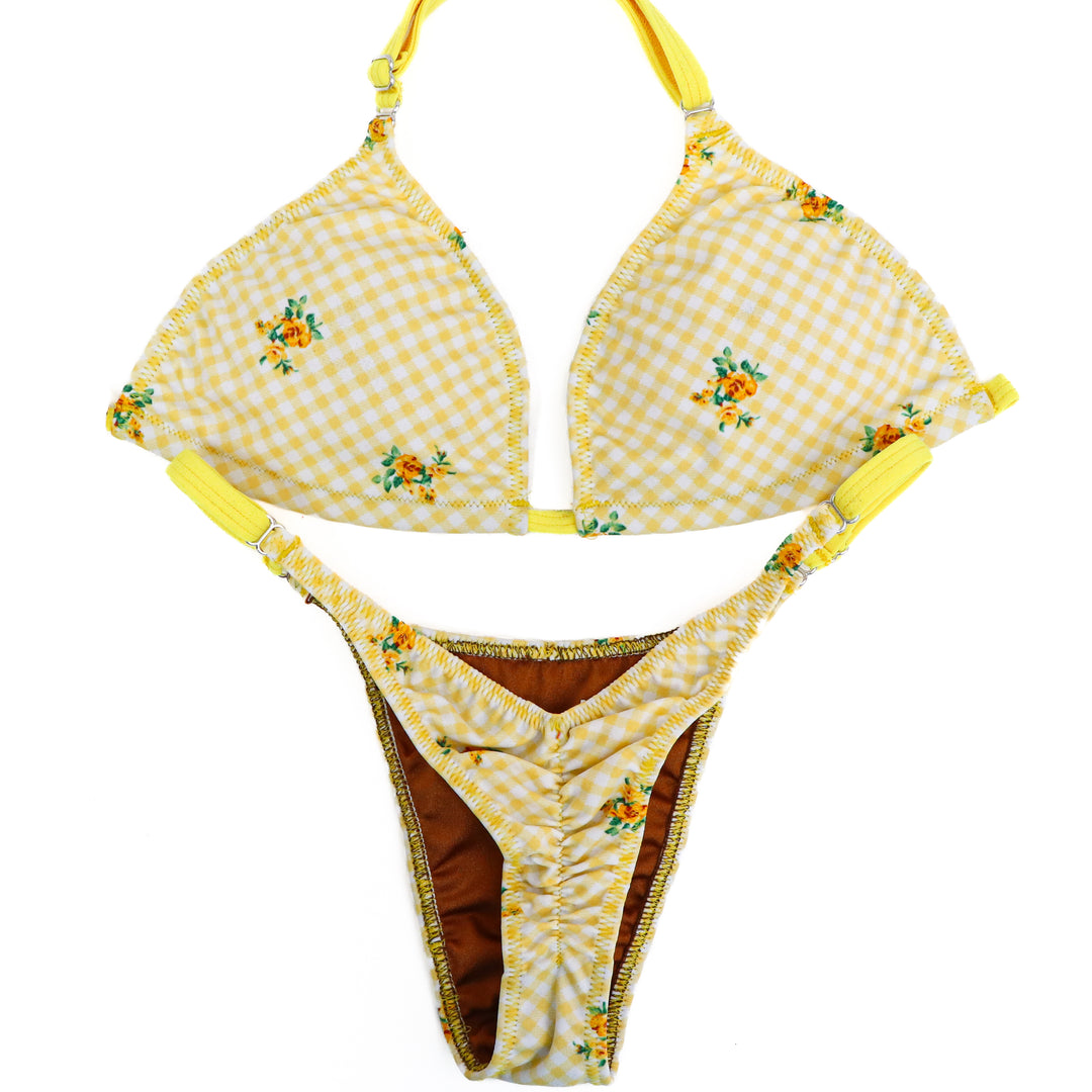 QS ST: Summer Yellow Posing Practice Suit. Medium/Pro with Modest Rise.  Angel Competition BikinisThe best NPC Competition Suits for the Bikini Division, Fit Model Division Suits, and bodybuilding suits.