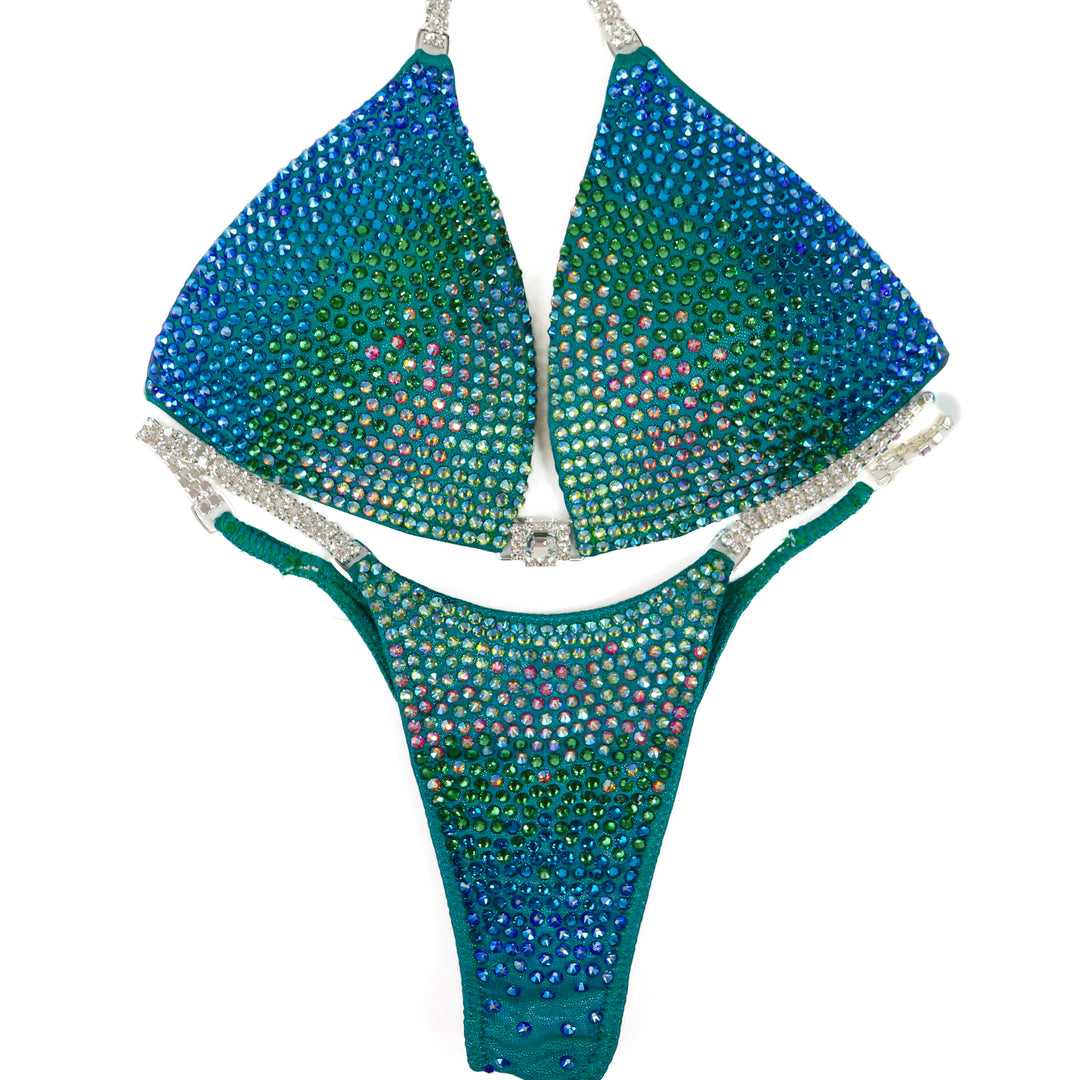 QS ST: Mermaid Green Diamond Cascade. Medium Molded/Pro.  Angel Competition BikinisThe best NPC Competition Suits for the Bikini Division, Fit Model Division Suits, and bodybuilding suits.