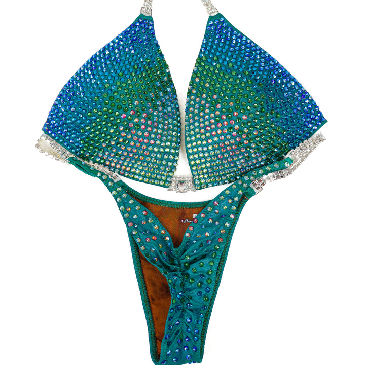 QS ST: Mermaid Green Diamond Cascade. Medium Molded/Pro.  Angel Competition BikinisThe best NPC Competition Suits for the Bikini Division, Fit Model Division Suits, and bodybuilding suits.
