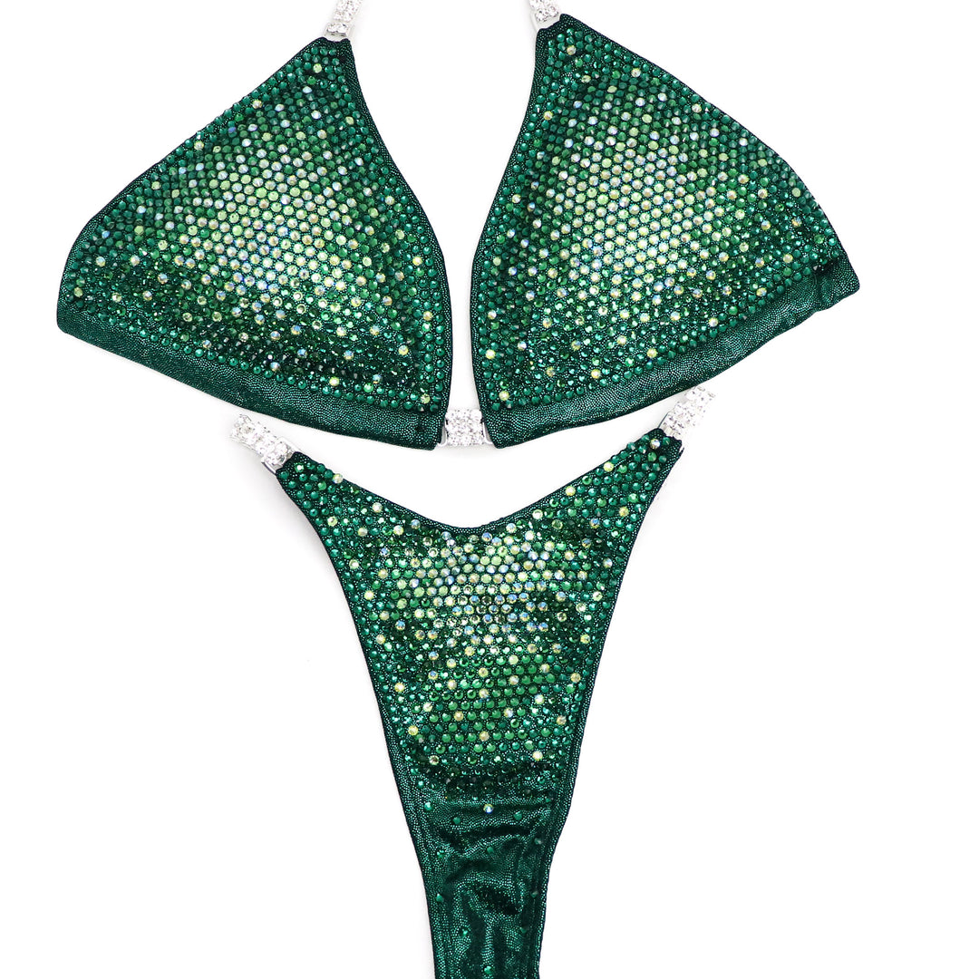 Introducing Ashley's Grasshopper Nova, a stunning replica of Ashley Kaltwasser's suit at the NPC Northern Classic IFBB Sasquatch. Featuring mesmerizing emerald and green hues, this suit ensures you shine like a champion on stage. Elevate your presence with its striking design, a true standout for competitors.