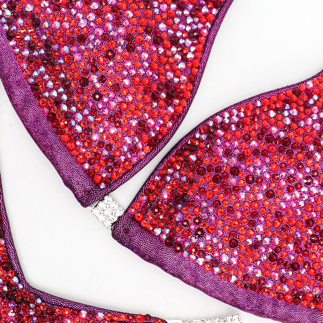 Introducing Ashley Kaltwasser's Cranberry Sauce Radiance! Designed for NPC Bikini or Wellness competitors, this suit features hologram cranberry, ensuring you stand out on stage with its vibrant red tones. Elevate your performance and presence with this captivating design.