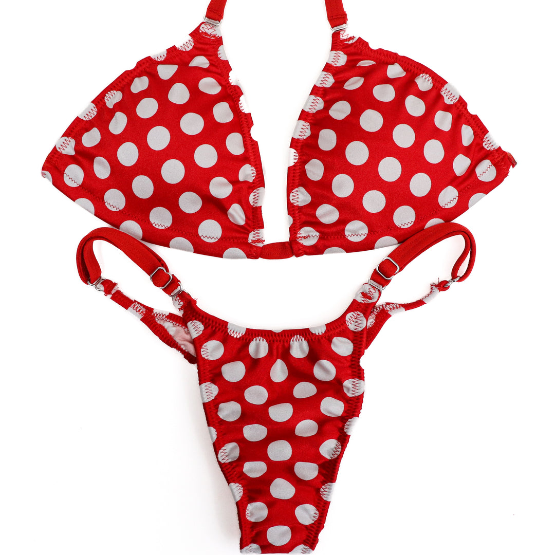 QS ST: Special Order Fabric. Red Polka Dot Posing Practice Suit. Medium/Pro.  Angel Competition BikinisThe best NPC Competition Suits for the Bikini Division, Fit Model Division Suits, and bodybuilding suits.