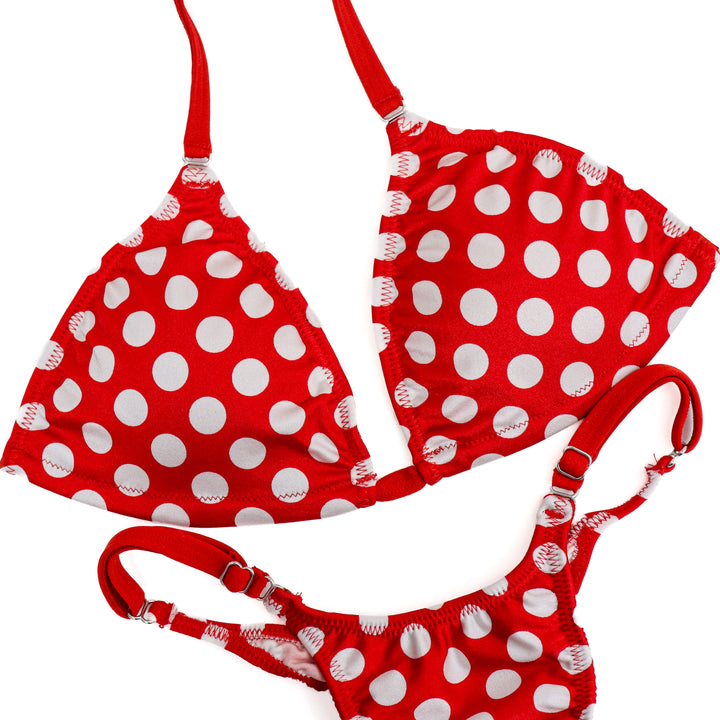 QS ST: Special Order Fabric. Red Polka Dot Posing Practice Suit. Medium/Pro.  Angel Competition BikinisThe best NPC Competition Suits for the Bikini Division, Fit Model Division Suits, and bodybuilding suits.