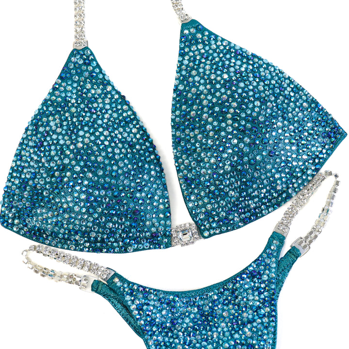 QS ST: Lucia's Teal Radiance. Medium Molded/Pro. – crystal competition bikini for NPC Bikini and Wellness
