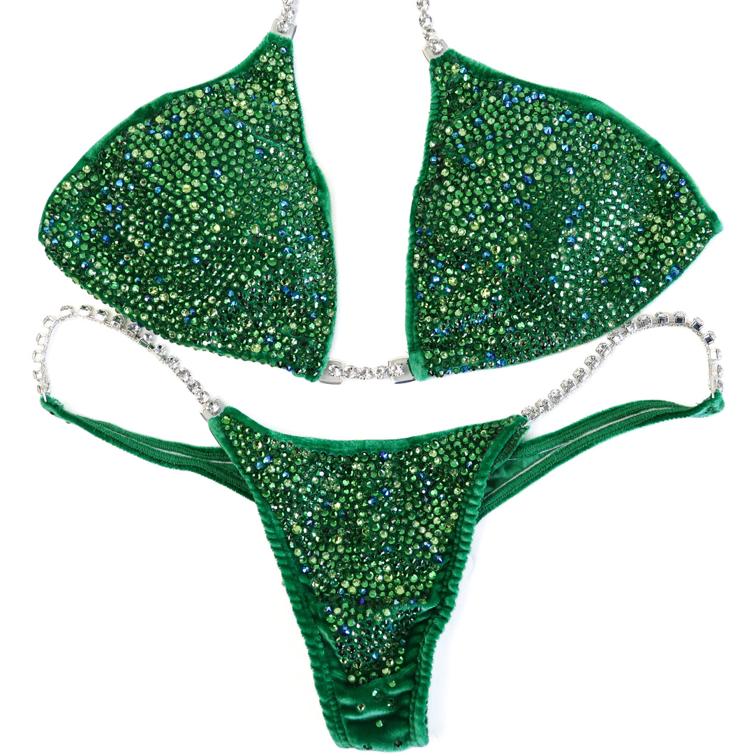 QS ST: Crystal Radiance. Velvet Green. Medium/Micro with Petite Rise.  Angel Competition BikinisThe best NPC Competition Suits for the Bikini Division, Fit Model Division Suits, and bodybuilding suits.