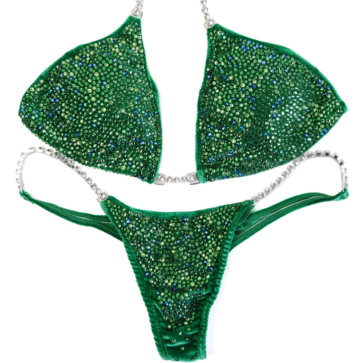 QS ST: Crystal Radiance. Velvet Green. Medium/Micro with Petite Rise.  Angel Competition BikinisThe best NPC Competition Suits for the Bikini Division, Fit Model Division Suits, and bodybuilding suits.