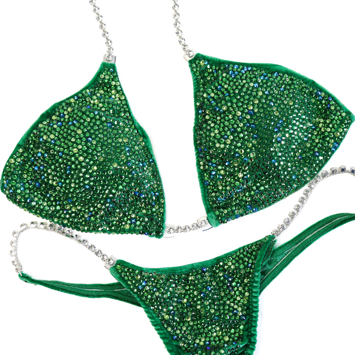 QS ST: Crystal Radiance. Velvet Green. Medium/Micro with Petite Rise.  Angel Competition BikinisThe best NPC Competition Suits for the Bikini Division, Fit Model Division Suits, and bodybuilding suits.