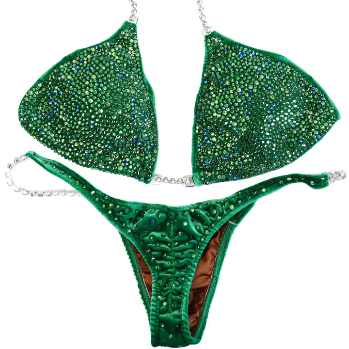 QS ST: Crystal Radiance. Velvet Green. Medium/Micro with Petite Rise.  Angel Competition BikinisThe best NPC Competition Suits for the Bikini Division, Fit Model Division Suits, and bodybuilding suits.