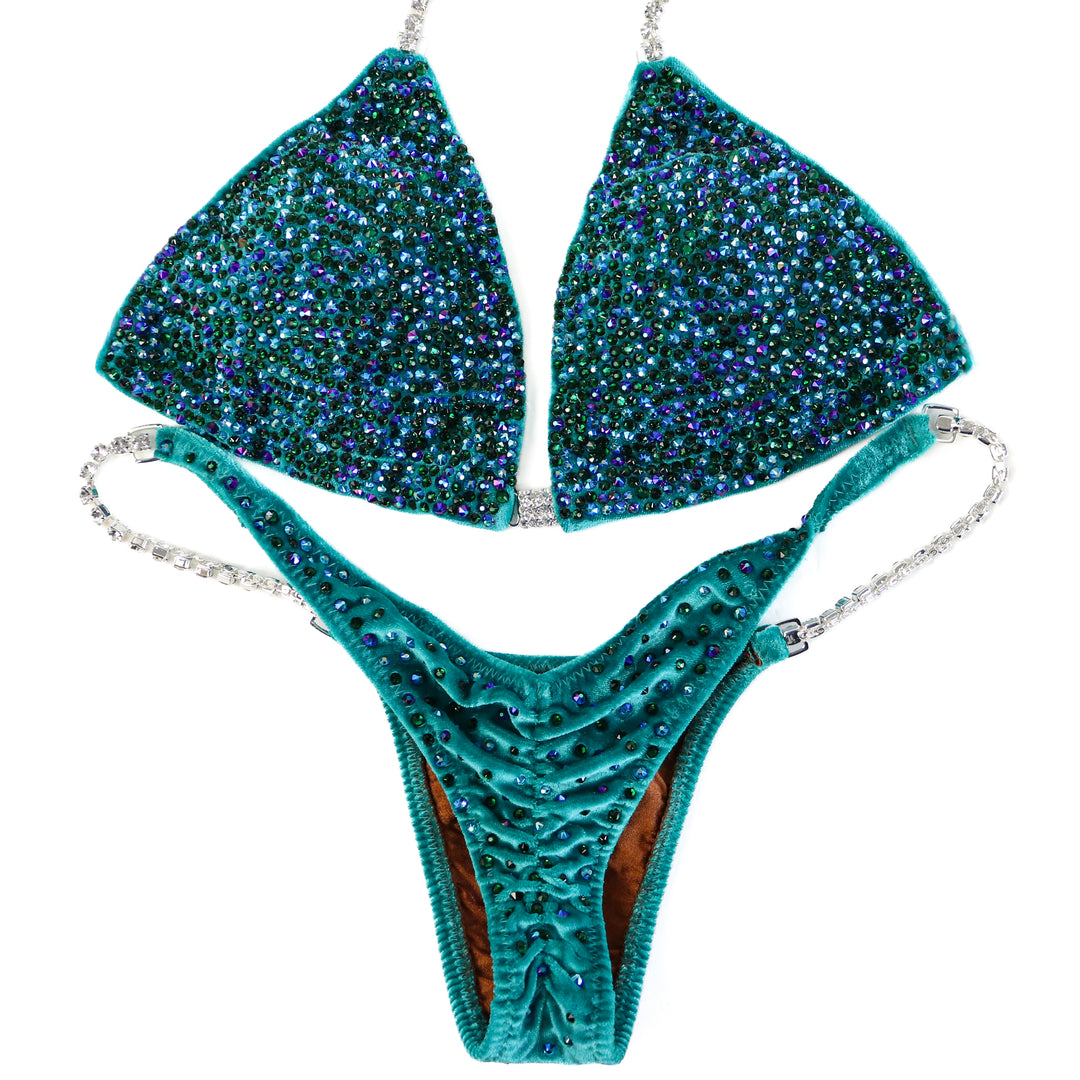 QS ST: Velvet Teal Radiance. Medium/Pro.  Angel Competition BikinisThe best NPC Competition Suits for the Bikini Division, Fit Model Division Suits, and bodybuilding suits.