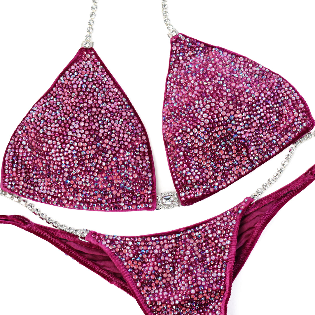 QS ST: Victoria's Arnold Velvet Magenta Radiance. Large/Brazilian with Modest Rise.  Angel Competition BikinisThe best NPC Competition Suits for the Bikini Division, Fit Model Division Suits, and bodybuilding suits.