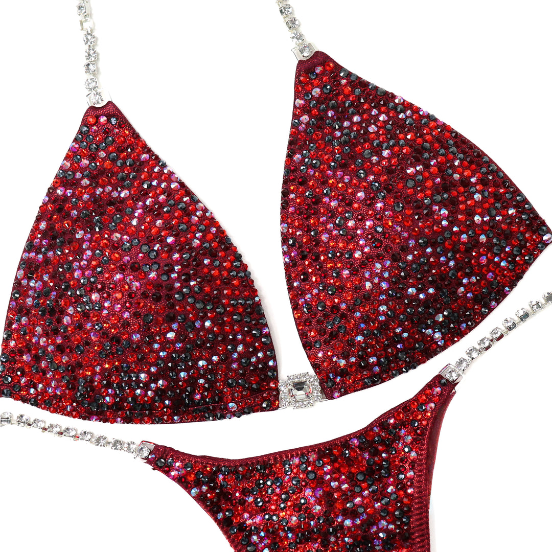 Maroon Radiance – crystal competition bikini for NPC Bikini and Wellness
