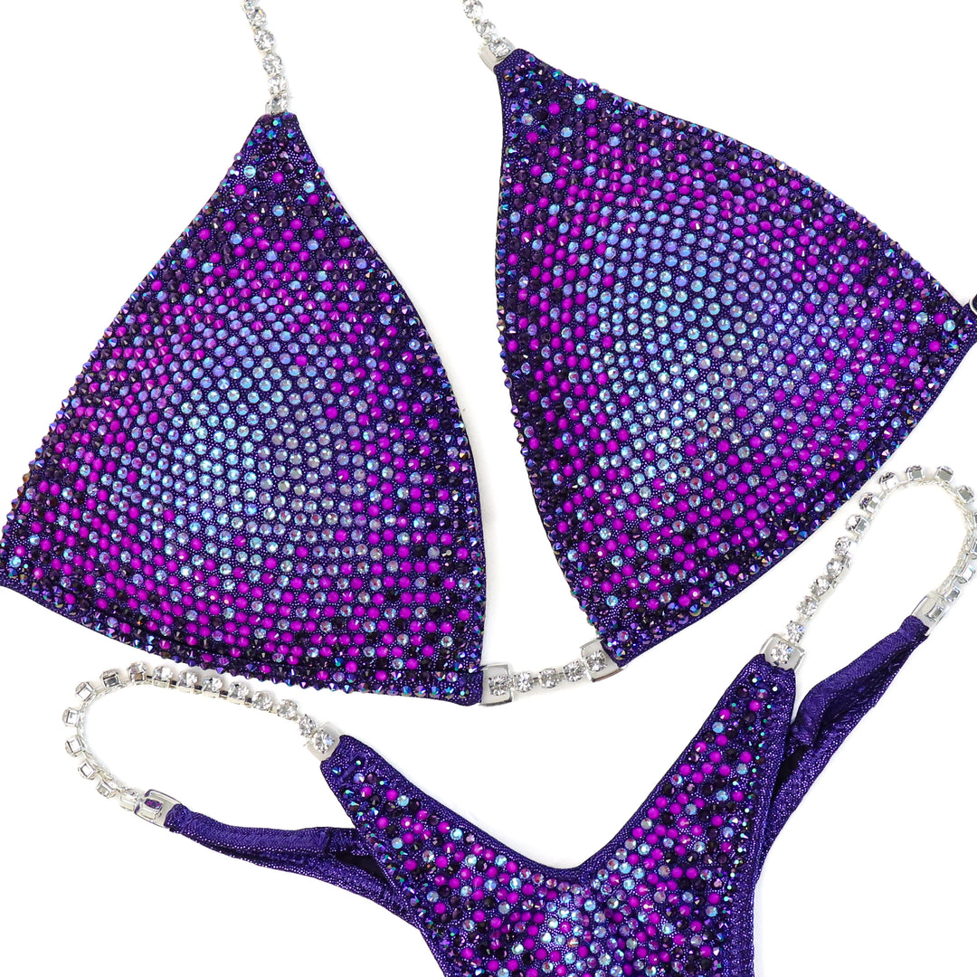 QS CL: Crystal Nova 4 Color. Hologram Eggplant. Large Molded/Micro with Modest Front.  Angel Competition BikinisThe best NPC Competition Suits for the Bikini Division, Fit Model Division Suits, and bodybuilding suits.