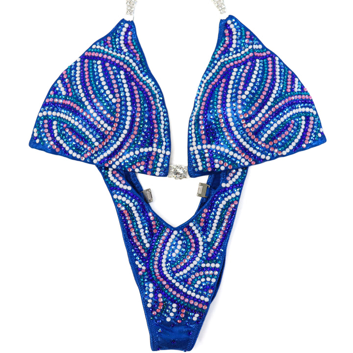 QS CL: Tessa's Blue Olympian Crystal Swirl. Large/Standard with Petite Rise.  Angel Competition BikinisThe best NPC Competition Suits for the Bikini Division, Fit Model Division Suits, and bodybuilding suits.