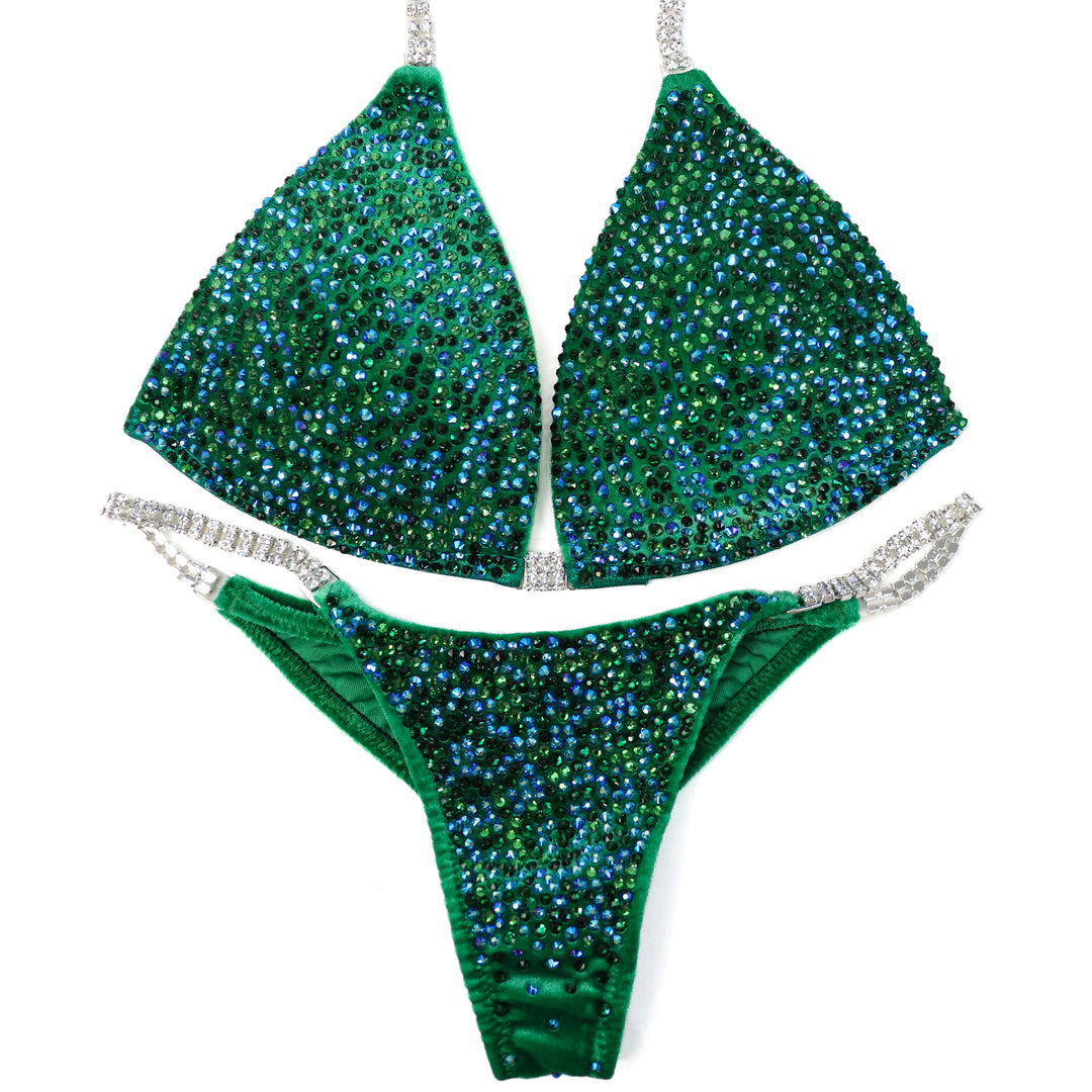 QS ST: Velvet Green Radiance. Medium Molded/Pro with Modest Rise.  Angel Competition BikinisThe best NPC Competition Suits for the Bikini Division, Fit Model Division Suits, and bodybuilding suits.