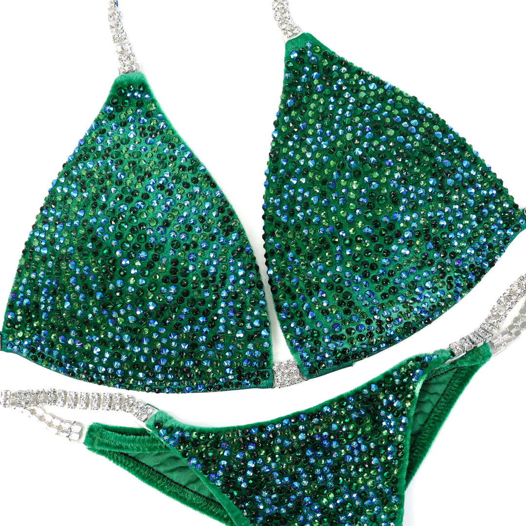 QS ST: Velvet Green Radiance. Medium Molded/Pro with Modest Rise.  Angel Competition BikinisThe best NPC Competition Suits for the Bikini Division, Fit Model Division Suits, and bodybuilding suits.