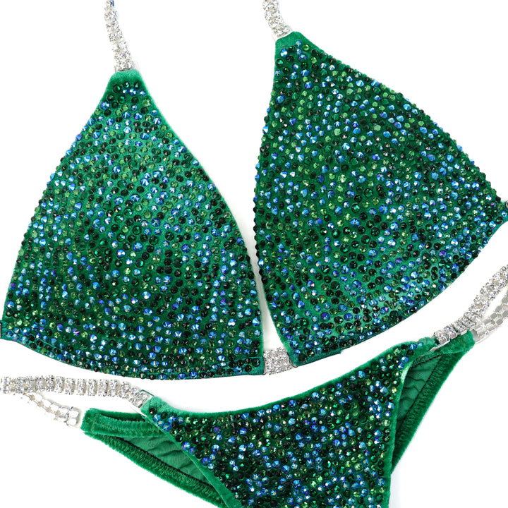 QS ST: Velvet Green Radiance. Medium Molded/Pro with Modest Rise.  Angel Competition BikinisThe best NPC Competition Suits for the Bikini Division, Fit Model Division Suits, and bodybuilding suits.