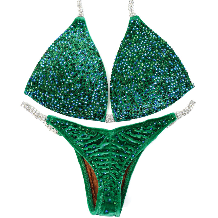 QS ST: Velvet Green Radiance. Medium Molded/Pro with Modest Rise.  Angel Competition BikinisThe best NPC Competition Suits for the Bikini Division, Fit Model Division Suits, and bodybuilding suits.