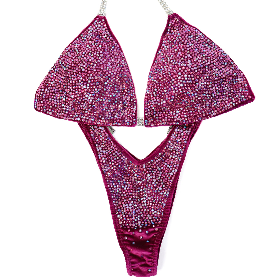 QS ST: Victoria's Arnold Velvet Magenta Radiance. Large/Standard with Modest Rise.  Angel Competition BikinisThe best NPC Competition Suits for the Bikini Division, Fit Model Division Suits, and bodybuilding suits.