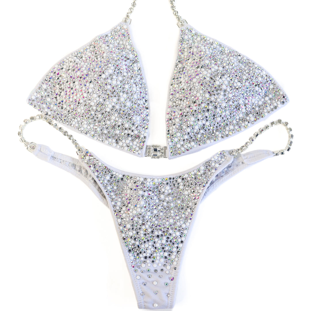 QS CL: Crystal Radiance. Matte White. Medium/Pro.  Angel Competition BikinisThe best NPC Competition Suits for the Bikini Division, Fit Model Division Suits, and bodybuilding suits.
