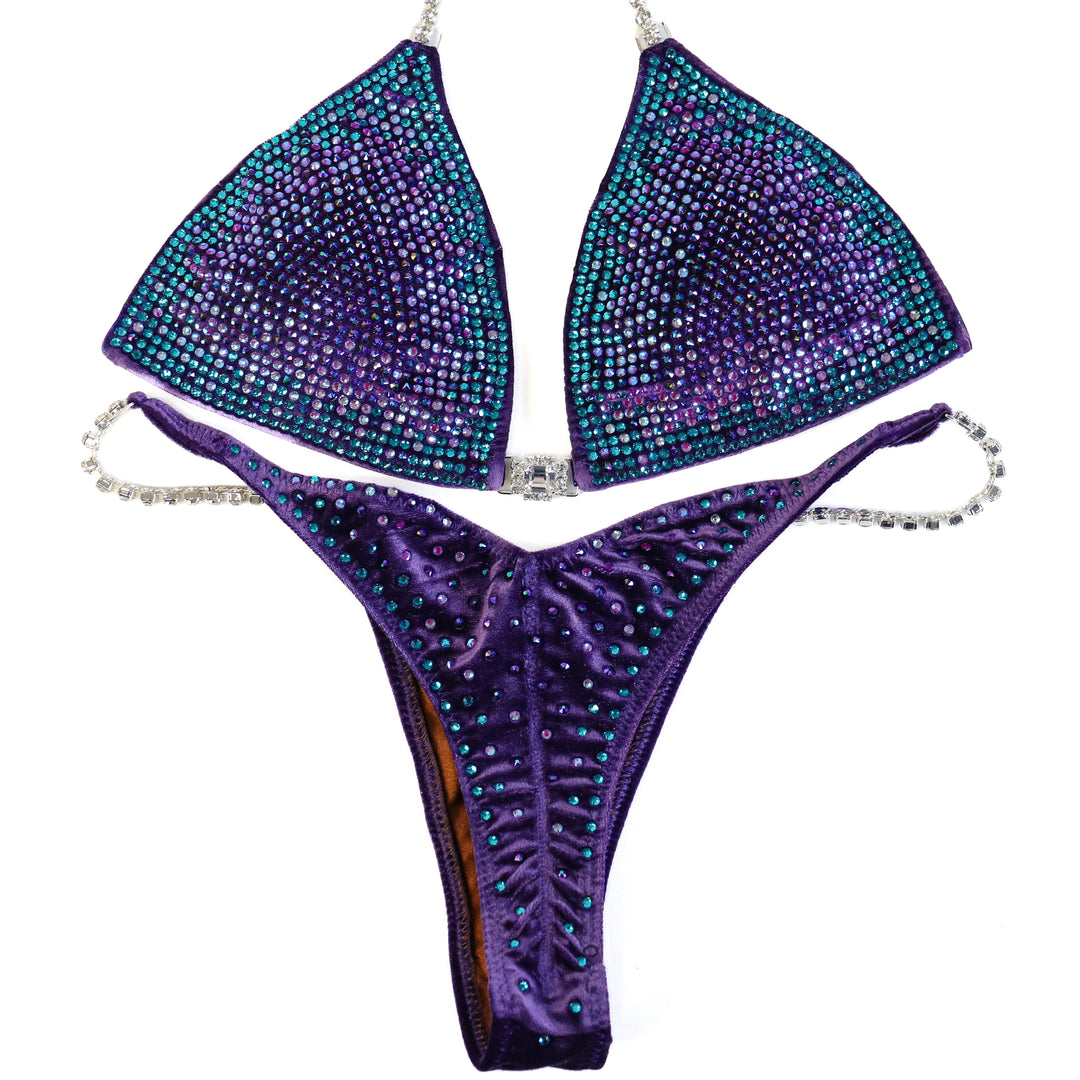 QS ST: Crystal Nova 3 Color. Velvet Purple. Medium/Pro with Modest Rise.  Angel Competition BikinisThe best NPC Competition Suits for the Bikini Division, Fit Model Division Suits, and bodybuilding suits.