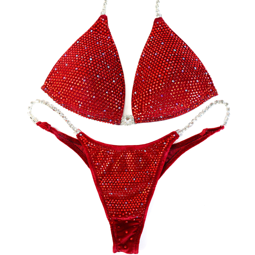 QS ST: Angel Shimmer. Velvet Red. Medium Molded/Pro with Modest Rise.  Angel Competition BikinisThe best NPC Competition Suits for the Bikini Division, Fit Model Division Suits, and bodybuilding suits.