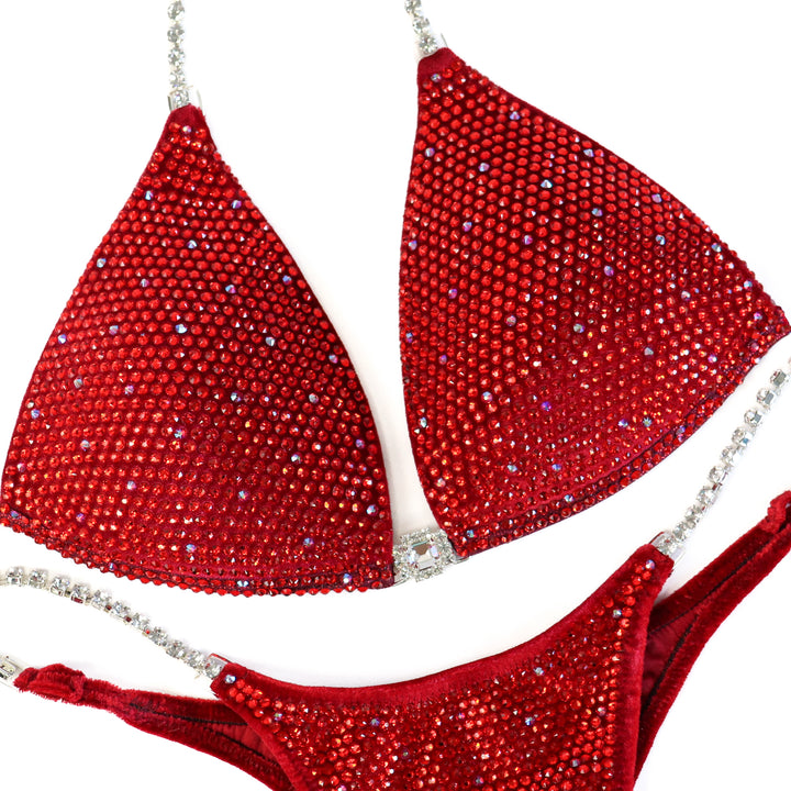QS ST: Angel Shimmer. Velvet Red. Medium Molded/Pro with Modest Rise.  Angel Competition BikinisThe best NPC Competition Suits for the Bikini Division, Fit Model Division Suits, and bodybuilding suits.