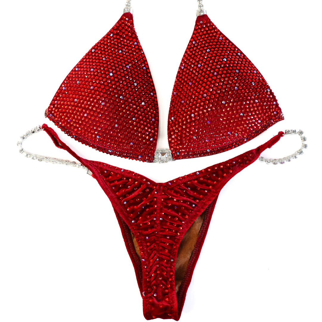 QS ST: Angel Shimmer. Velvet Red. Medium Molded/Pro with Modest Rise.  Angel Competition BikinisThe best NPC Competition Suits for the Bikini Division, Fit Model Division Suits, and bodybuilding suits.