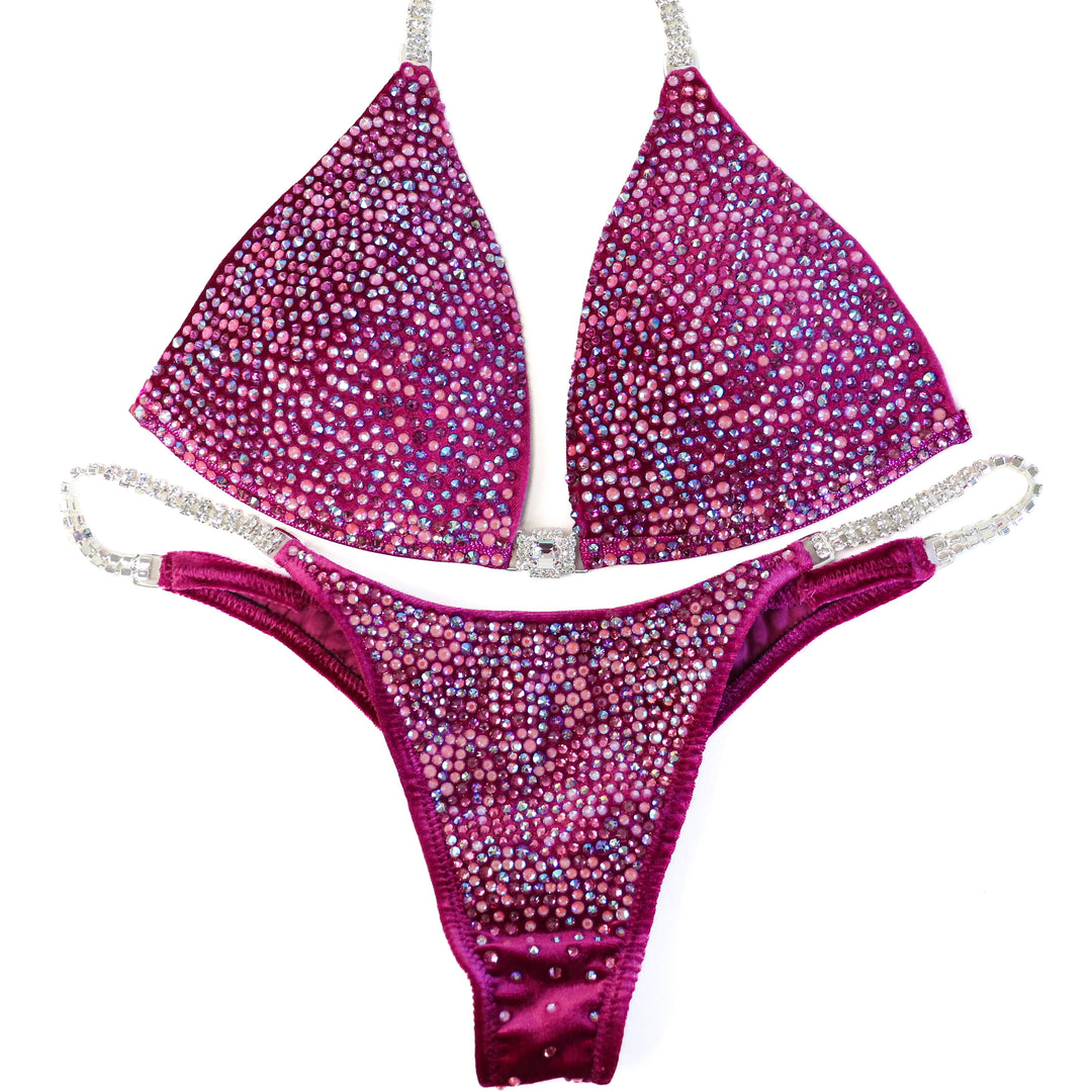 QS ST: Victoria's Arnold Velvet Magenta Radiance. Medium Molded/Pro with Modest Rise.  Angel Competition BikinisThe best NPC Competition Suits for the Bikini Division, Fit Model Division Suits, and bodybuilding suits.