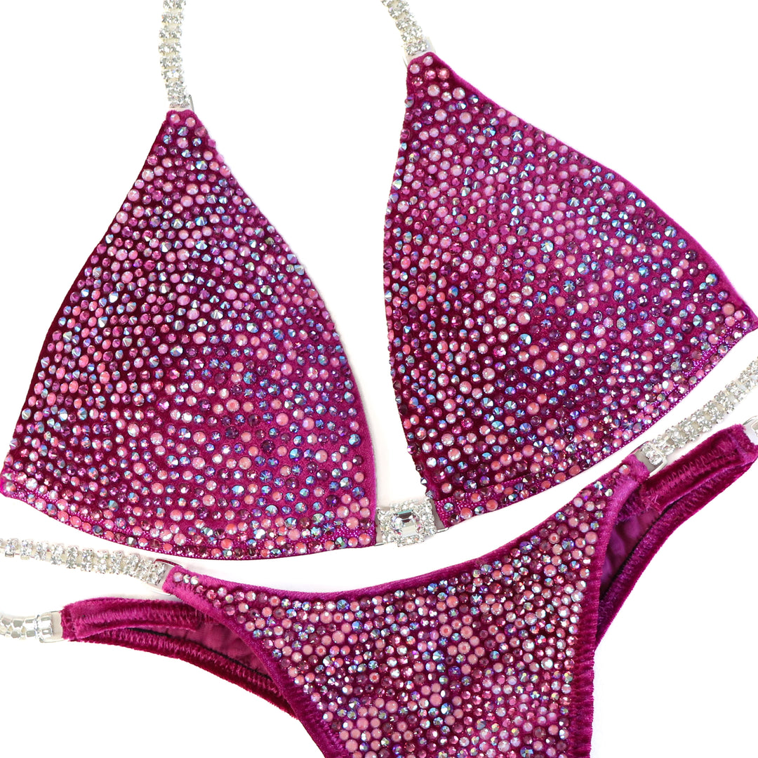 QS ST: Victoria's Arnold Velvet Magenta Radiance. Medium Molded/Pro with Modest Rise.  Angel Competition BikinisThe best NPC Competition Suits for the Bikini Division, Fit Model Division Suits, and bodybuilding suits.