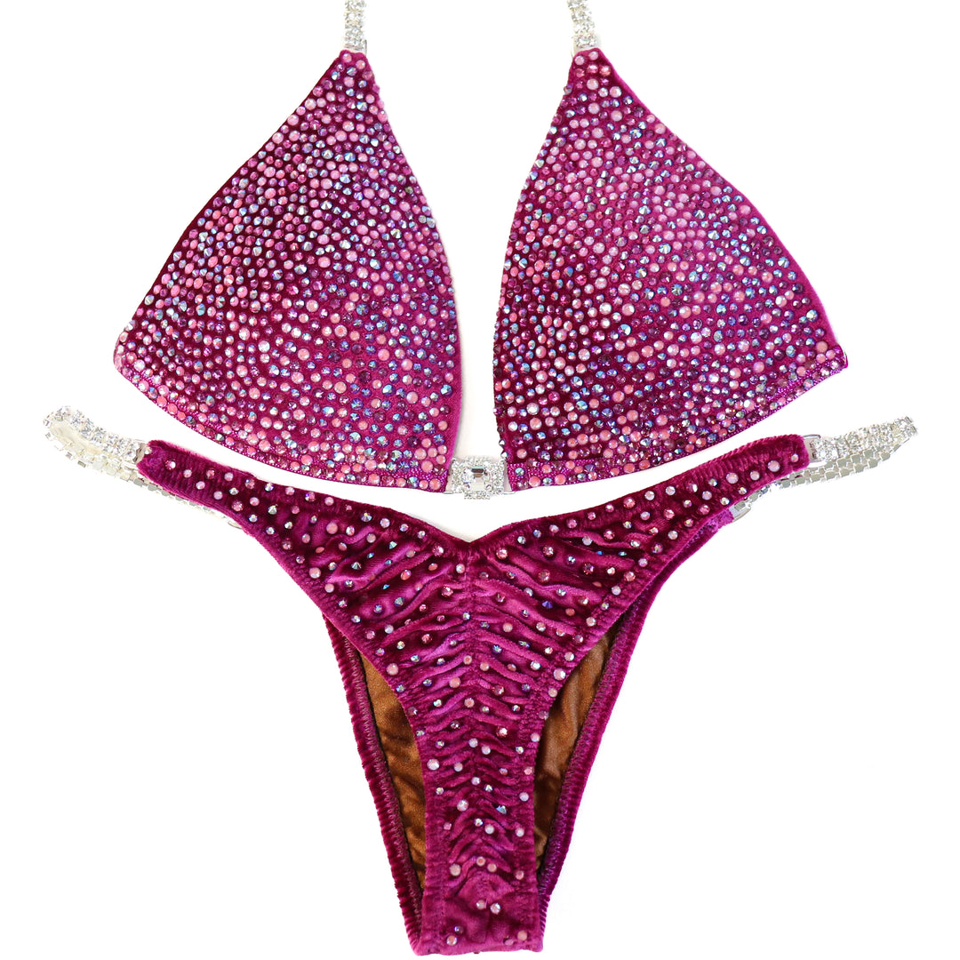 QS ST: Victoria's Arnold Velvet Magenta Radiance. Medium Molded/Pro with Modest Rise.  Angel Competition BikinisThe best NPC Competition Suits for the Bikini Division, Fit Model Division Suits, and bodybuilding suits.