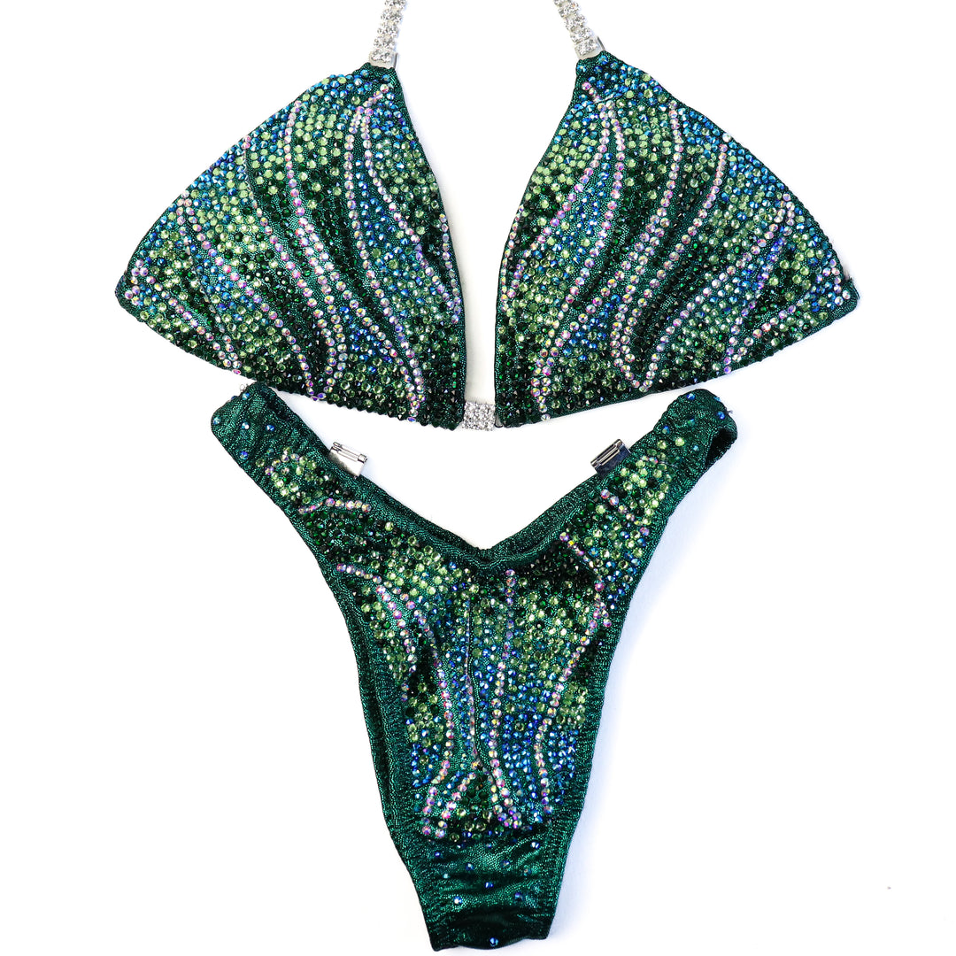 QS ST: Crystal Inferno. Hologram Emerald. Medium/Standard Figure.  Angel Competition BikinisThe best NPC Competition Suits for the Bikini Division, Fit Model Division Suits, and bodybuilding suits.
