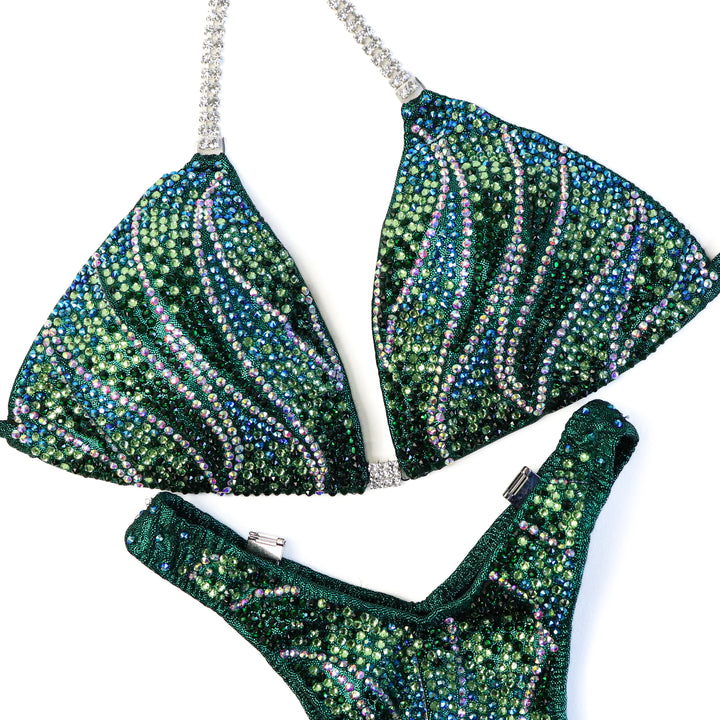 QS ST: Crystal Inferno. Hologram Emerald. Medium/Standard Figure.  Angel Competition BikinisThe best NPC Competition Suits for the Bikini Division, Fit Model Division Suits, and bodybuilding suits.