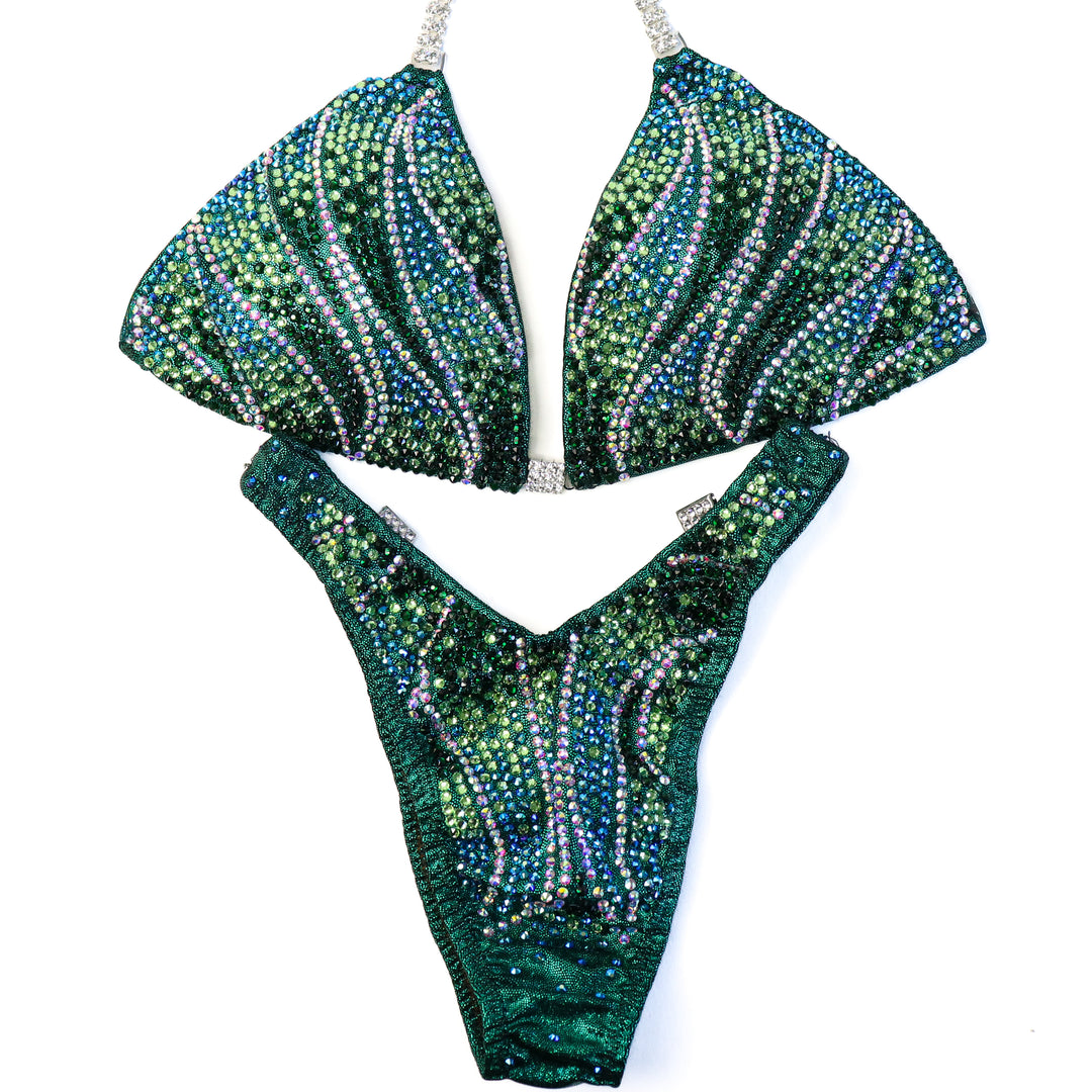 QS ST: Crystal Inferno. Hologram Emerald. Medium/Standard Figure.  Angel Competition BikinisThe best NPC Competition Suits for the Bikini Division, Fit Model Division Suits, and bodybuilding suits.