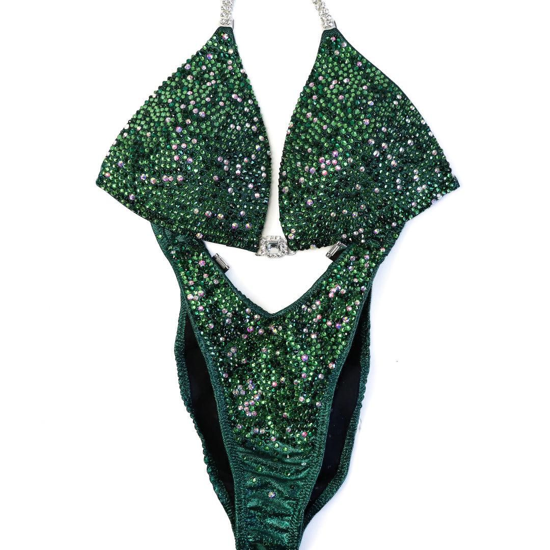 QS ST: Emerald Radiance. Medium Molded/Moderate Figure with Modest Rise.  Angel Competition BikinisThe best NPC Competition Suits for the Bikini Division, Fit Model Division Suits, and bodybuilding suits.
