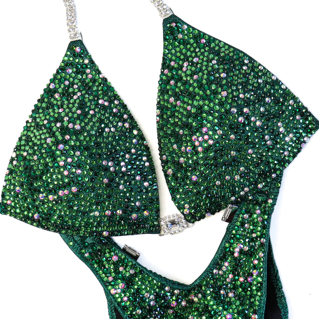 QS ST: Emerald Radiance. Medium Molded/Moderate Figure with Modest Rise.  Angel Competition BikinisThe best NPC Competition Suits for the Bikini Division, Fit Model Division Suits, and bodybuilding suits.