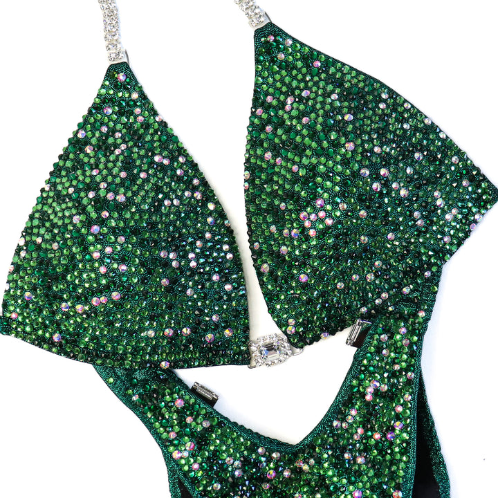 QS ST: Emerald Radiance. Medium Molded/Moderate Figure with Modest Rise.  Angel Competition BikinisThe best NPC Competition Suits for the Bikini Division, Fit Model Division Suits, and bodybuilding suits.