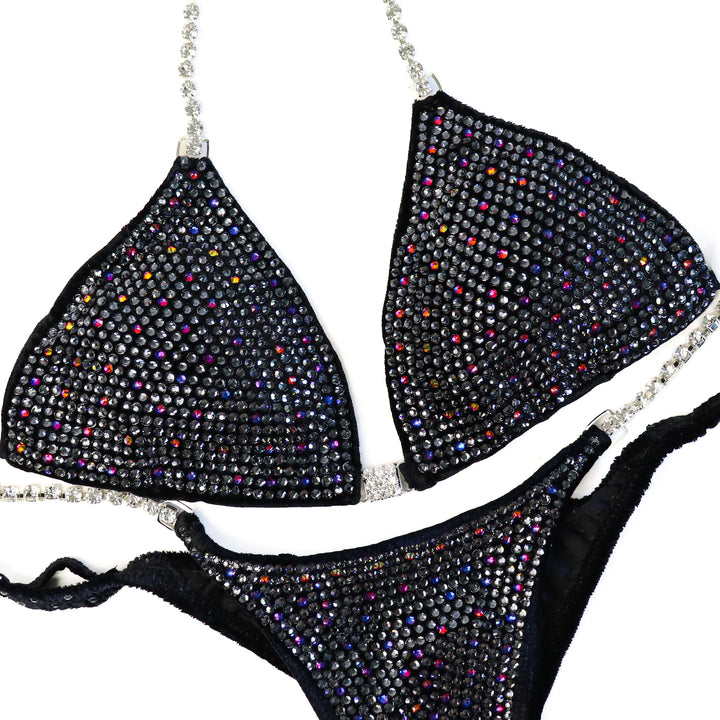 QS CL: Angel Shimmer. Velvet Black. Small/Pro.  Angel Competition BikinisThe best NPC Competition Suits for the Bikini Division, Fit Model Division Suits, and bodybuilding suits.