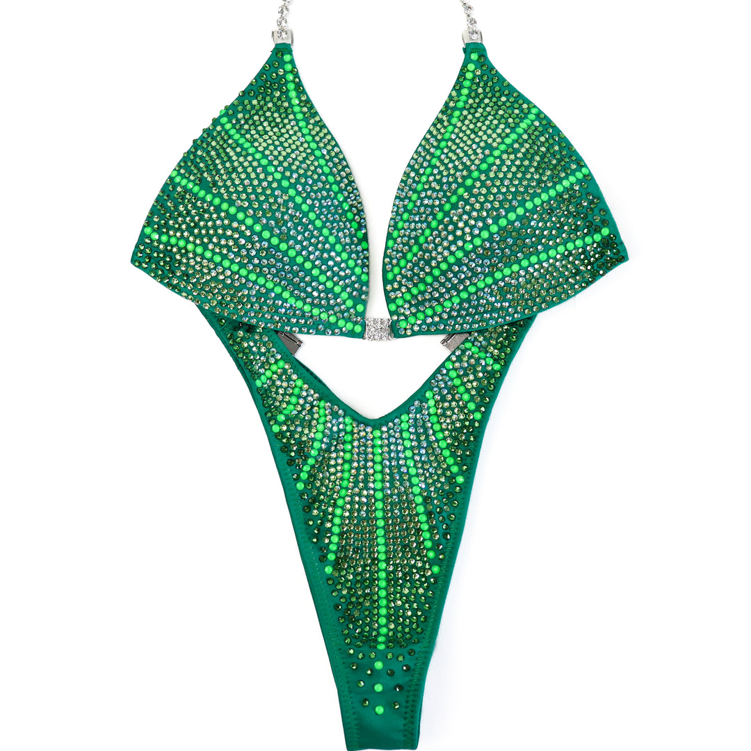 QS CL: Neon Green Galaxy. Medium Molded/Standard Figure, Modest Rise.  Angel Competition BikinisThe best NPC Competition Suits for the Bikini Division, Fit Model Division Suits, and bodybuilding suits.