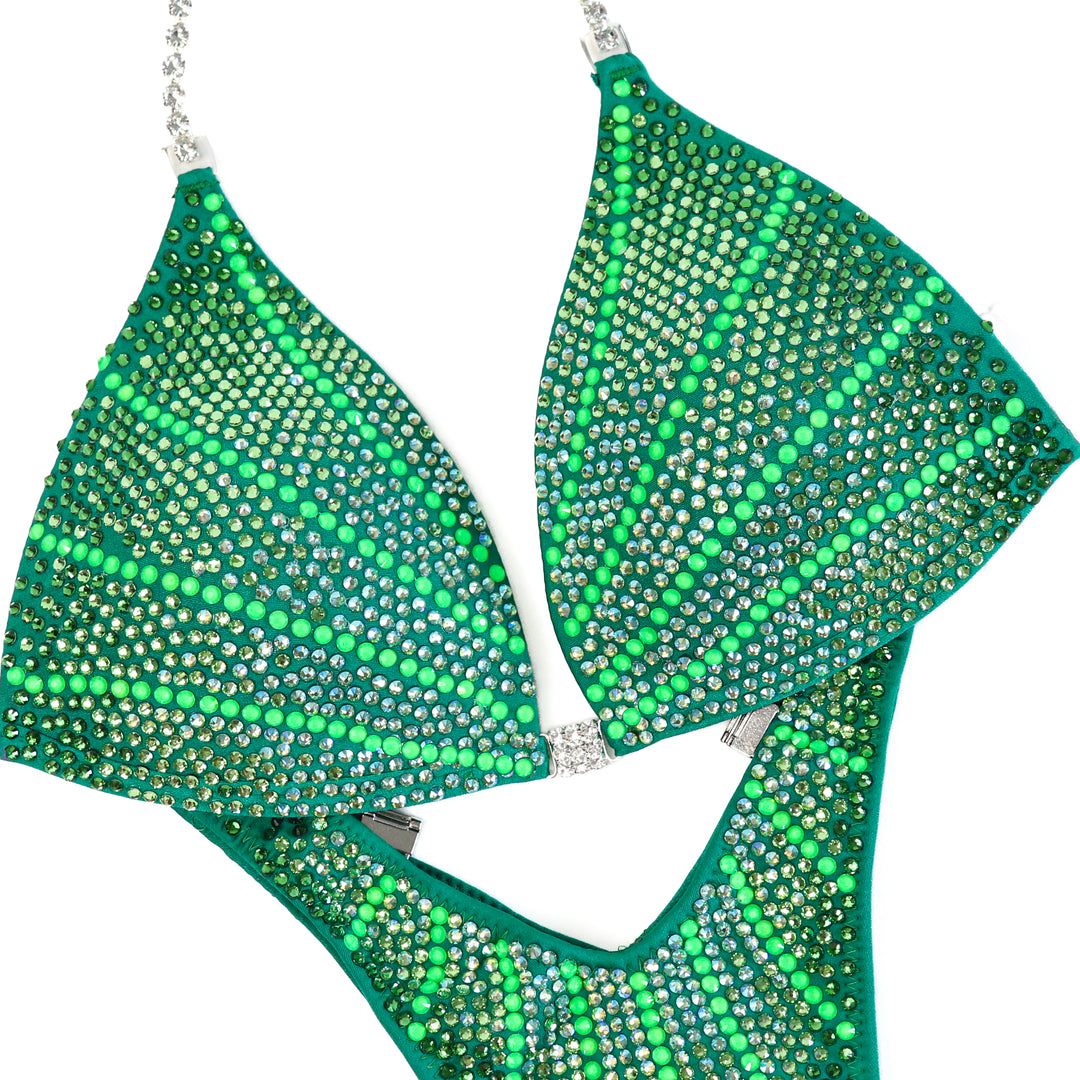 QS CL: Neon Green Galaxy. Medium Molded/Standard Figure, Modest Rise.  Angel Competition BikinisThe best NPC Competition Suits for the Bikini Division, Fit Model Division Suits, and bodybuilding suits.